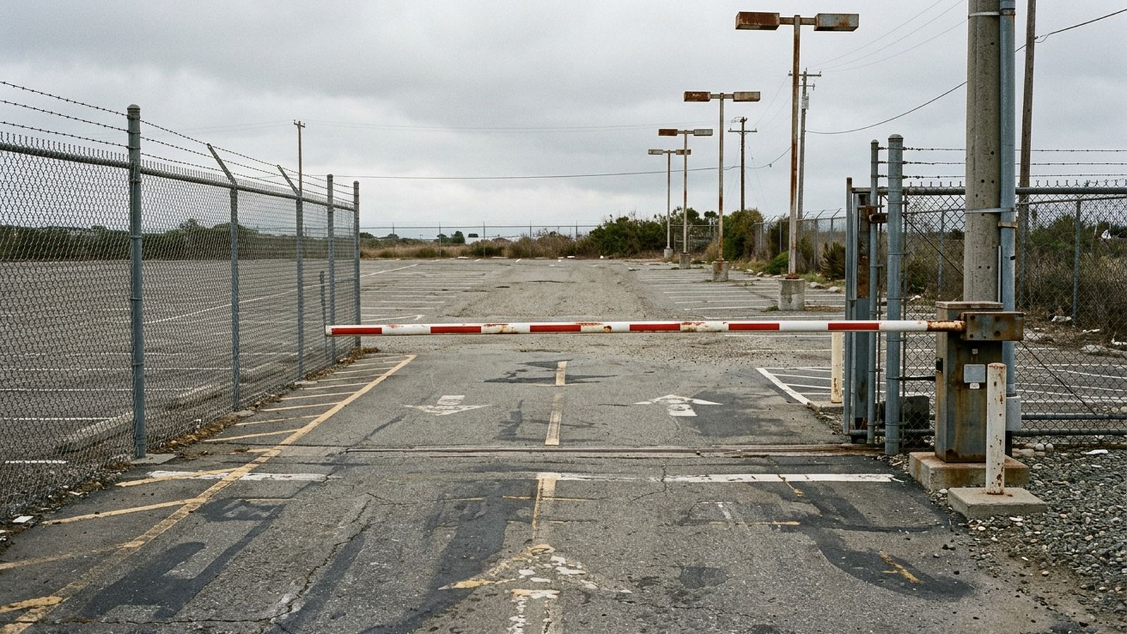 An empty entry lane at a fenced parking lot with a lowered barrier arm and painted lane markings on the asphalt, overcast morning light, no vehicles or people in frame