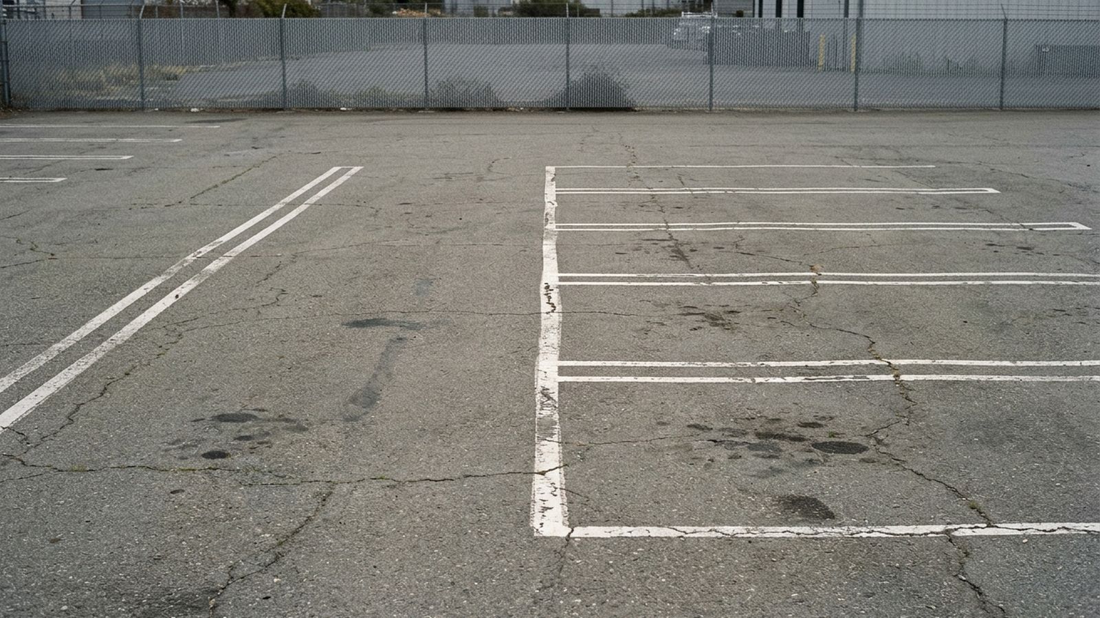 A single extra wide empty parking bay marked out beside narrower standard bays on an asphalt surface lot, worn white line markings, a low fence behind, no vehicles in frame