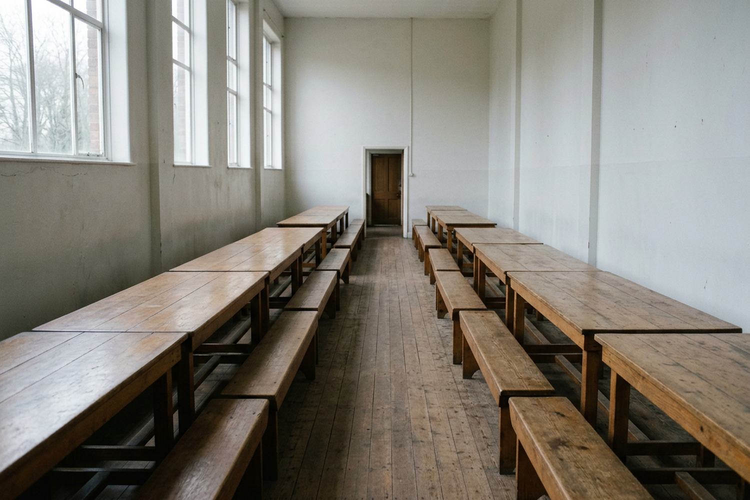 A narrow aisle between two long empty tables with benches in a plain hall