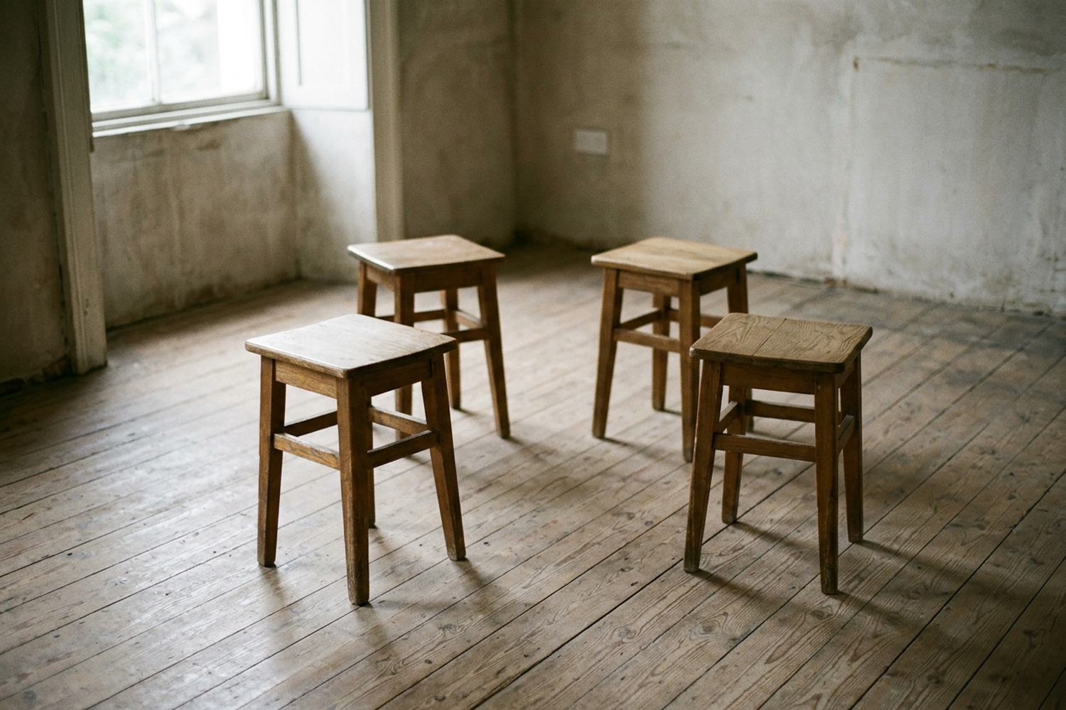 Four identical wooden stools scattered unevenly on a bare floorboard room