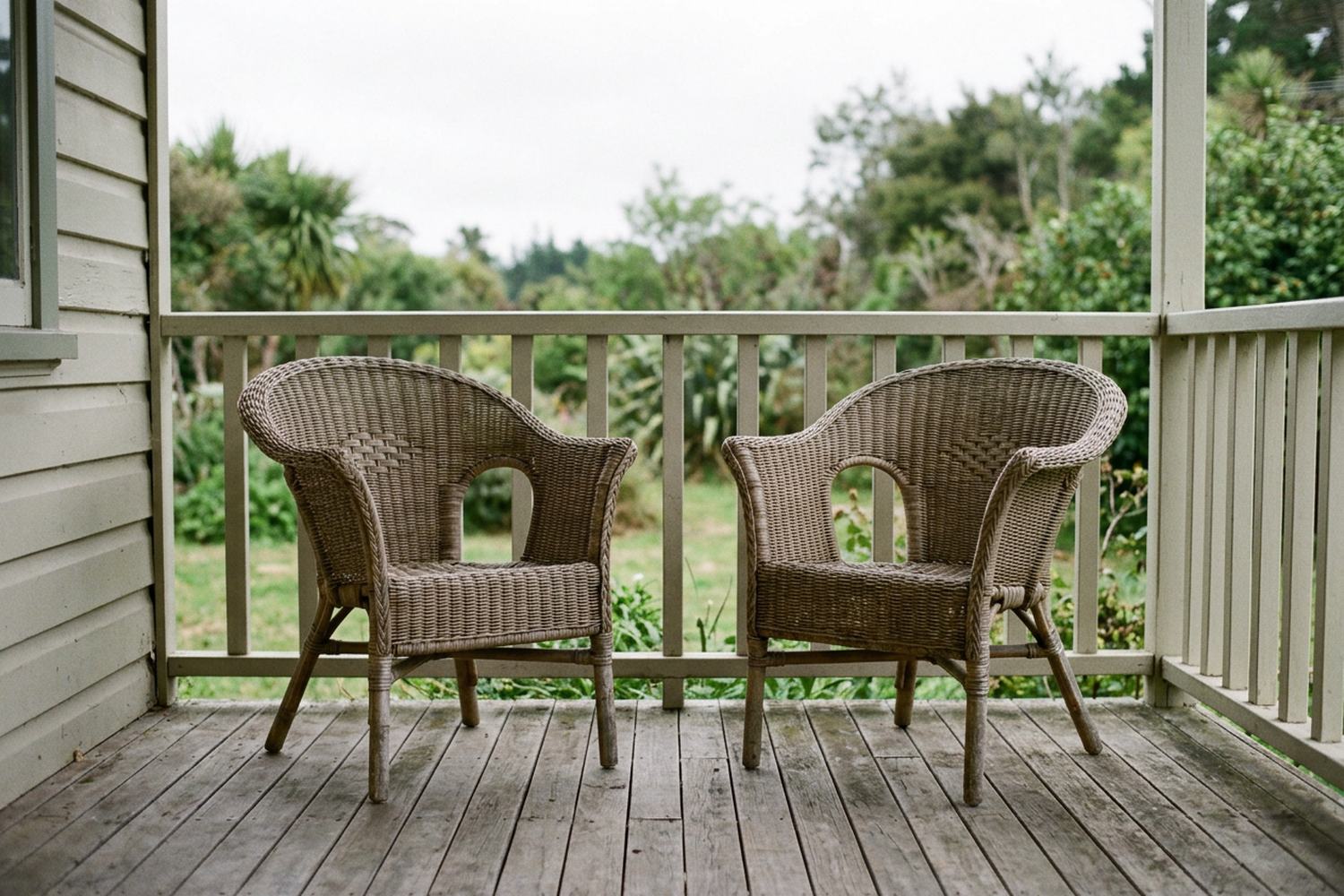 Two wicker chairs set slightly apart on a plain boarded verandah