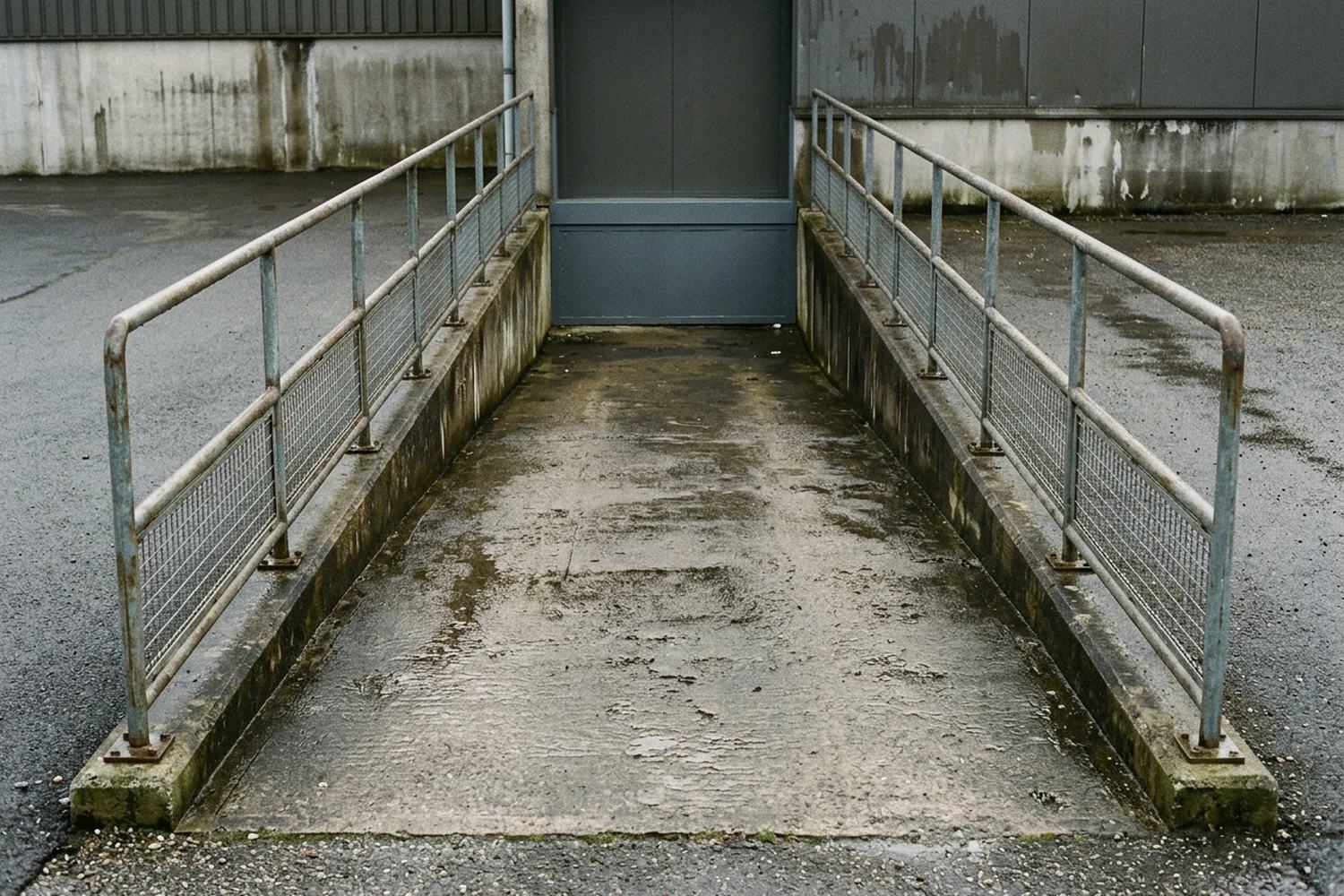 A wide wet concrete boarding ramp with steel handrails on both sides