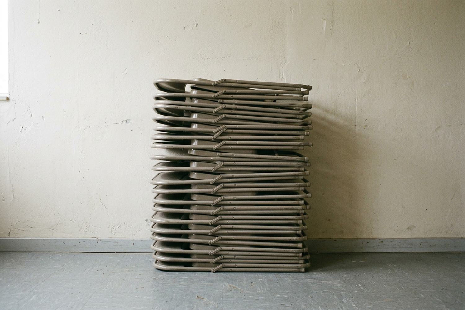 A neat stack of about twenty folding chairs against a bare wall