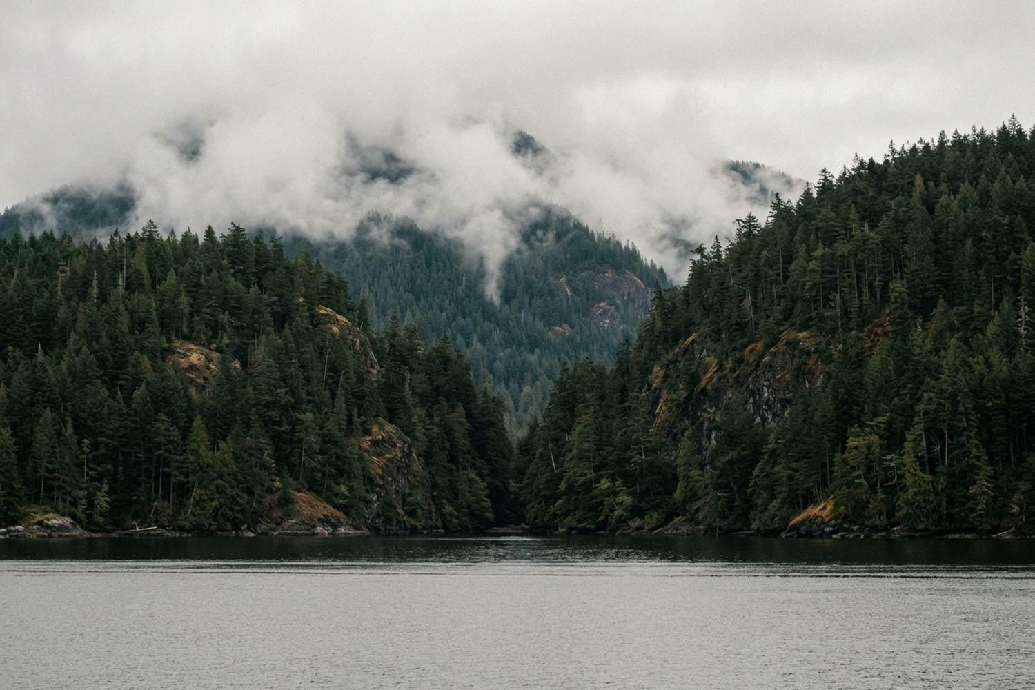 A steep dark forested channel between islands under low cloud
