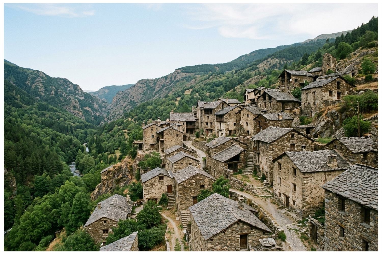 A stone village of steep slate roofs stacked above a deep green gorge