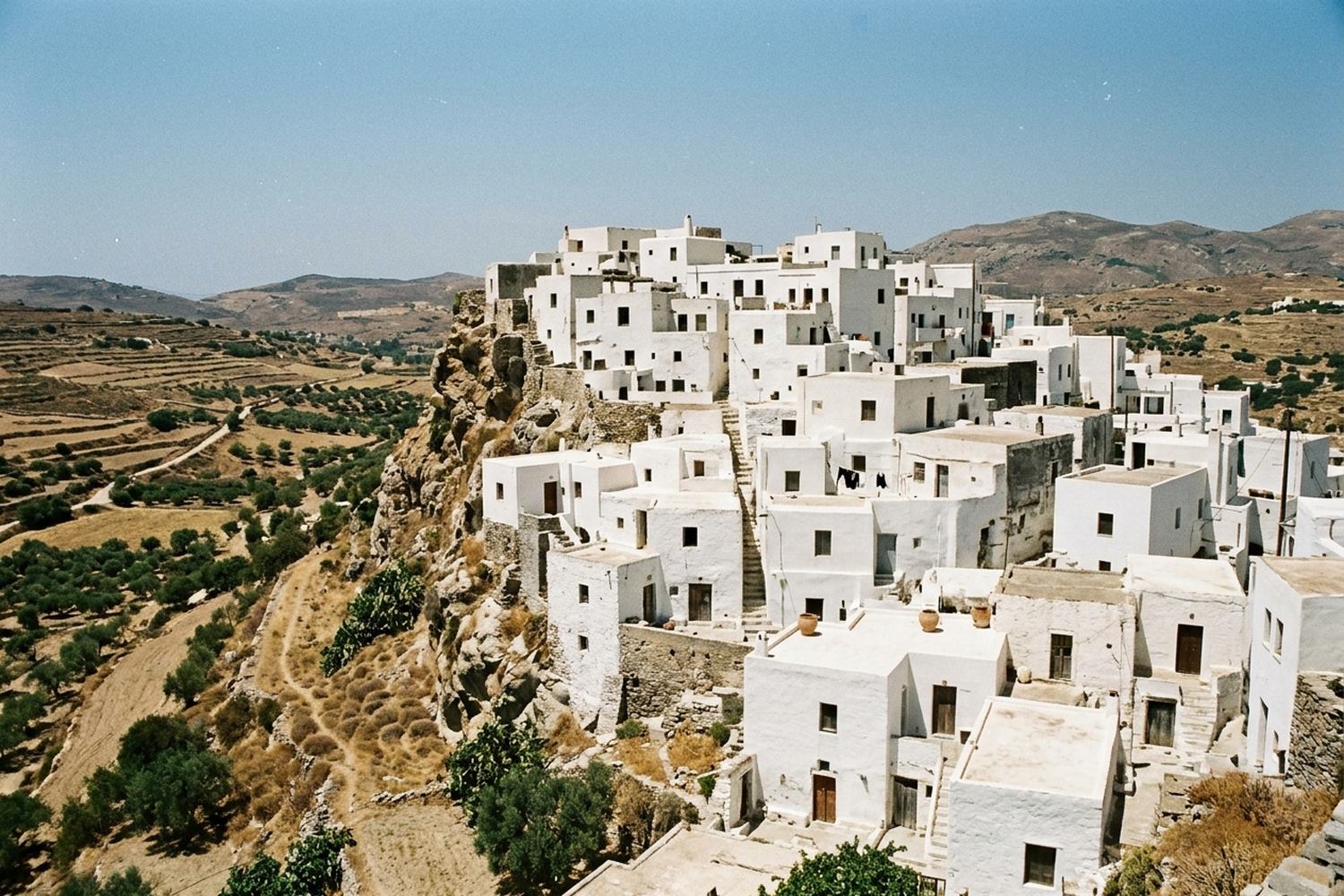 A whitewashed hill town of flat roofs stacked on a rock spur