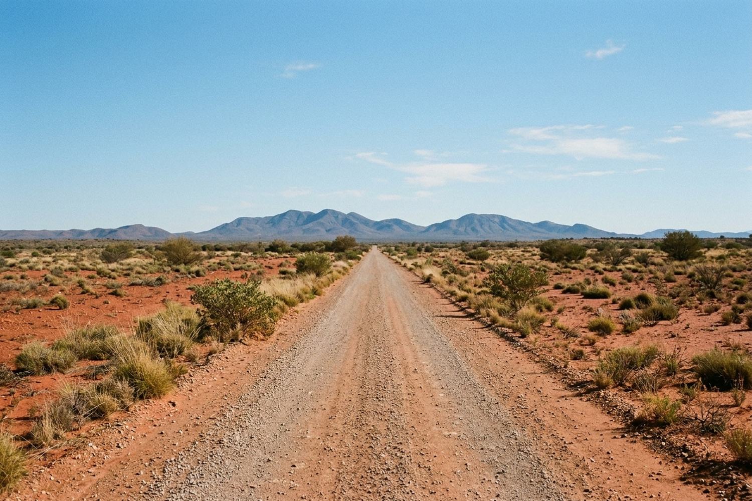 A gravel track running straight across red desert plain toward blue hills