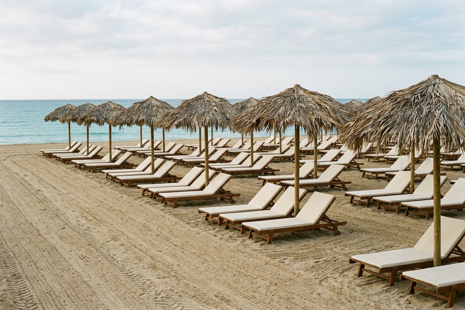 Long ranked rows of empty sun loungers under identical thatched shades